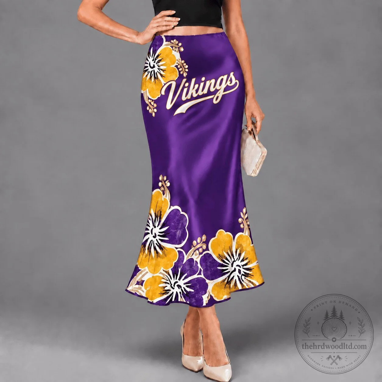 Minnesota Vikings Hibiscus Floral Print Purple Satin High-Waisted Maxi Skirt 1 Minnesota Vikings Hibiscus Floral Print Purple Satin High-Waisted Maxi Skirt