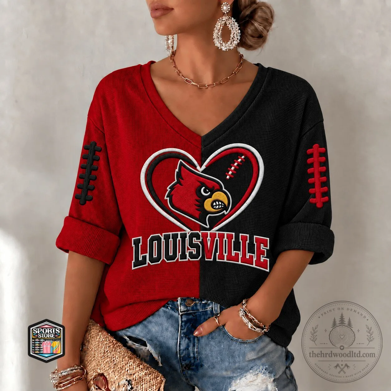 Louisville Cardinals Football Heart Split Design V-Neck Long Sleeve T-Shirt