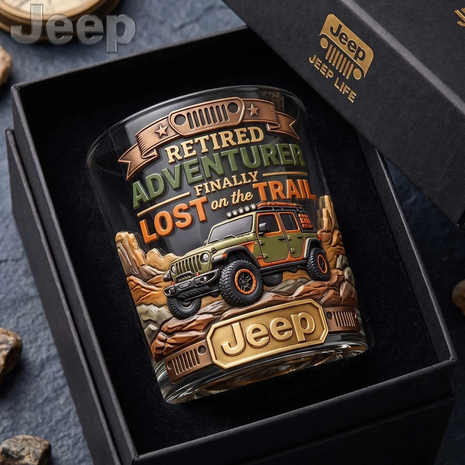 Jeep Retired Adventurer Finally Lost On The Trail Whiskey Drinking Glass