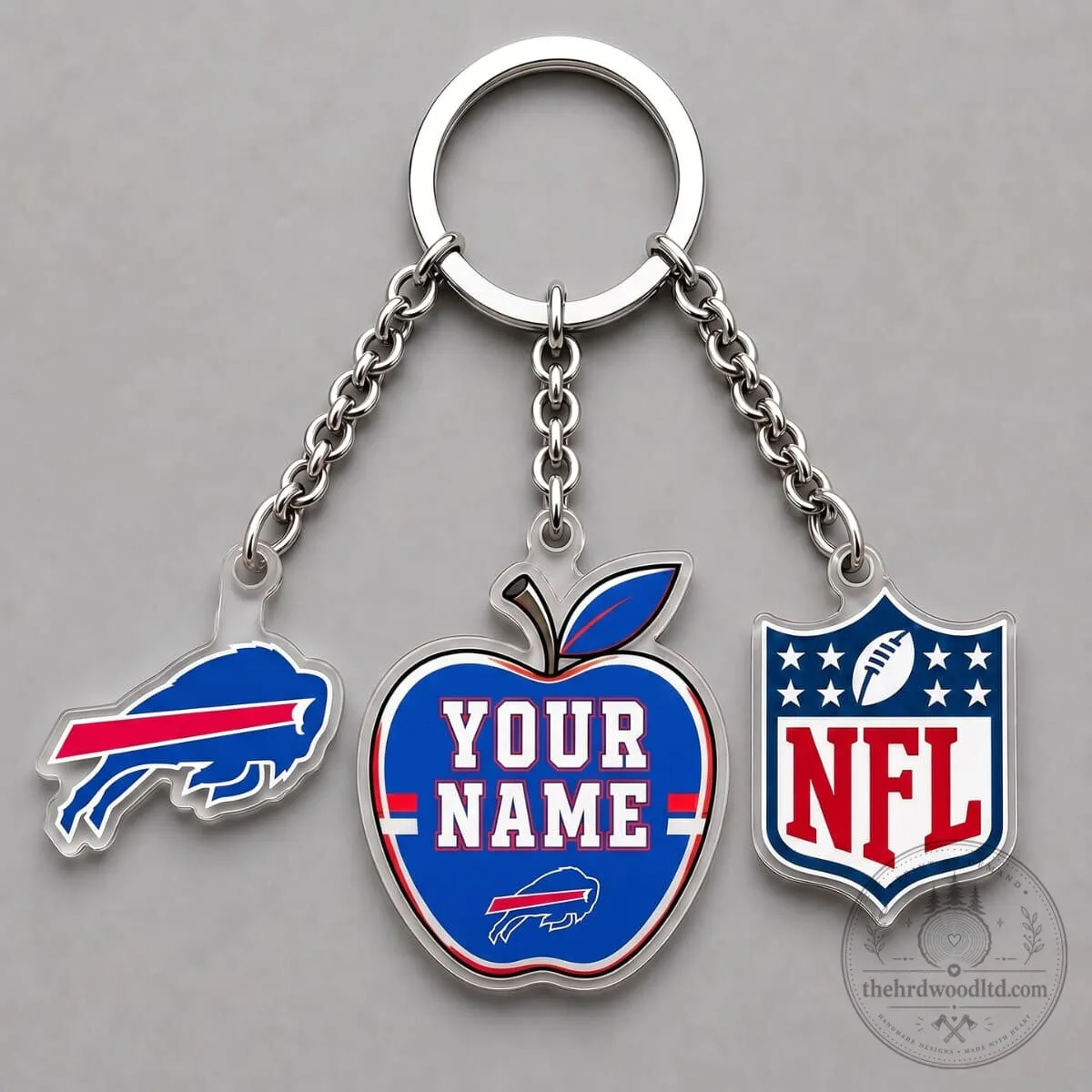 Personalized Buffalo Bills Apple Triple Charm Keychain - Custom Name NFL Fan Gift
