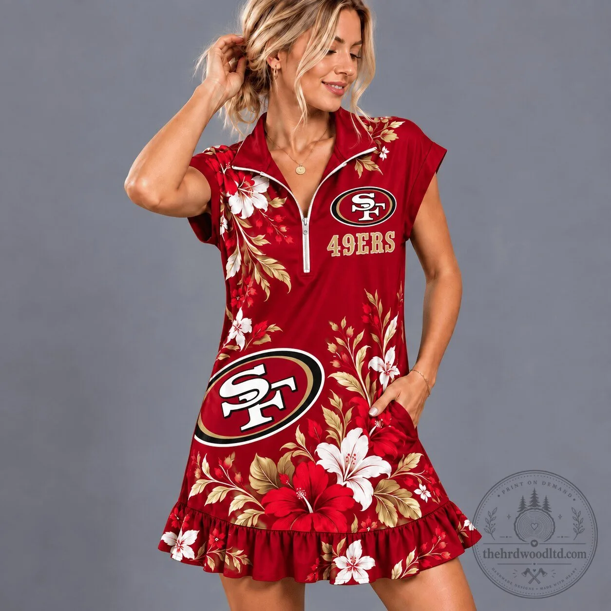 San Francisco 49ers Floral Game Day Quarter-Zip Ruffle Dress