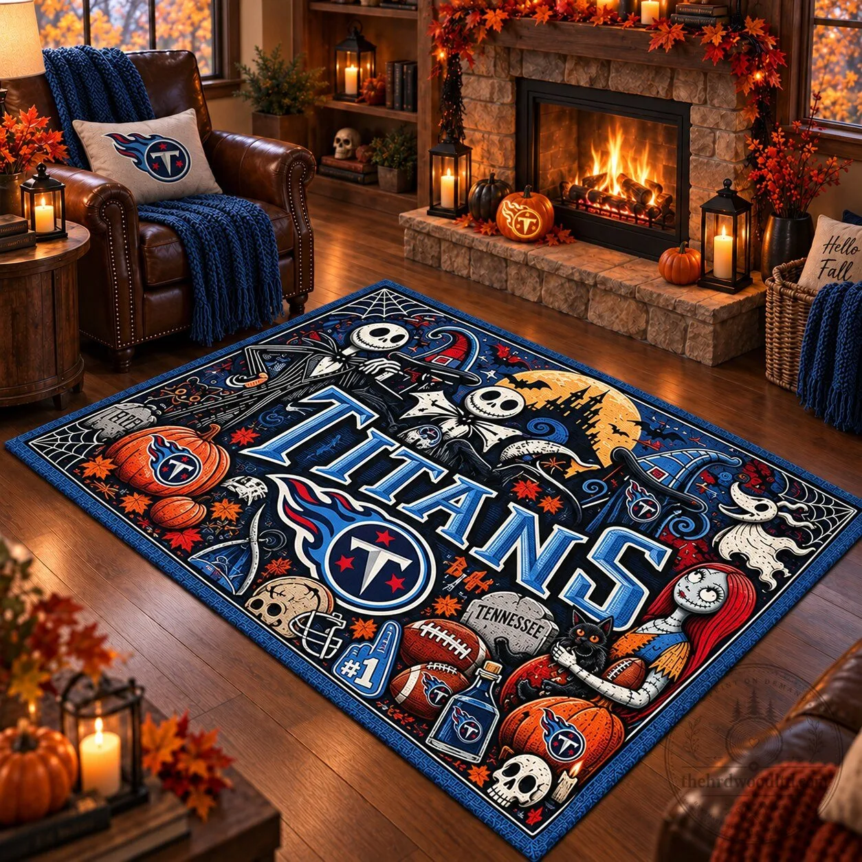 Tennessee Titans Halloween Jack Skellington Sally Skulls Pumpkins Rug