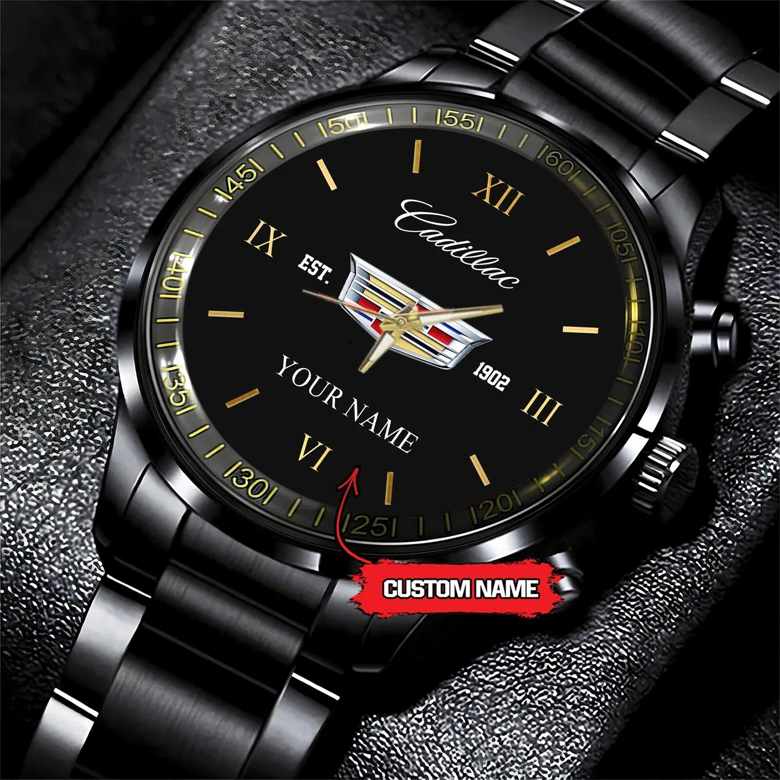 Cadillac Personalized Black Stainless Steel Wristwatch