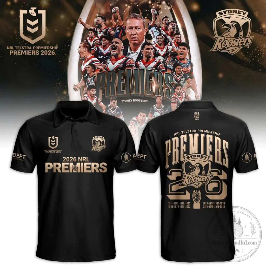 Sydney Roosters NRL Telstra Premiership Premiers 2026 Black Polo Shirt Sydney Roosters NRL Telstra Premiership Premiers 2026 Black Polo Shirt
