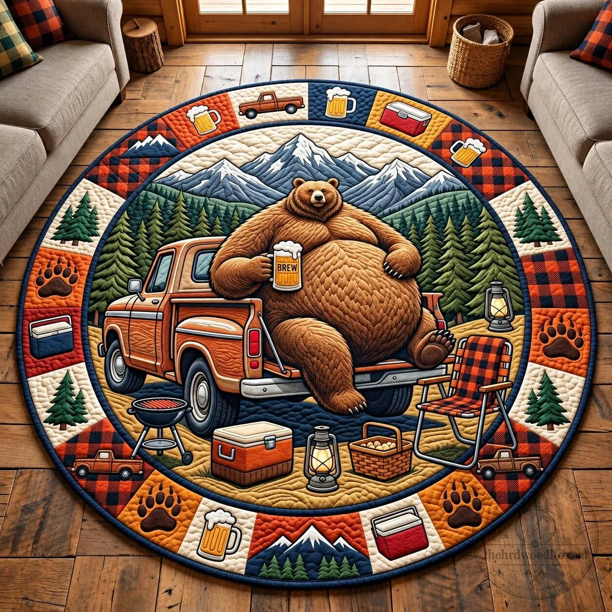 Camping Bear Round Area Rug with Mountain and Forest Design