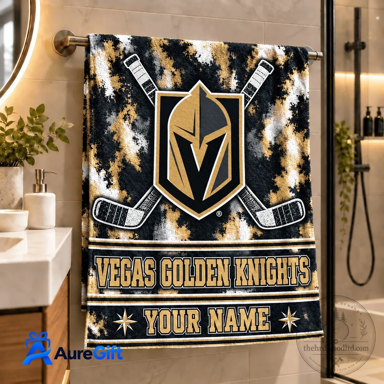 Vegas Golden Knights Personalized Hockey Fan Black and Gold Bath Towel