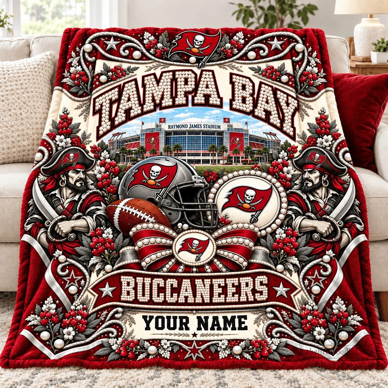 Tampa Bay Buccaneers Football Team Personalized Name Red Blanket