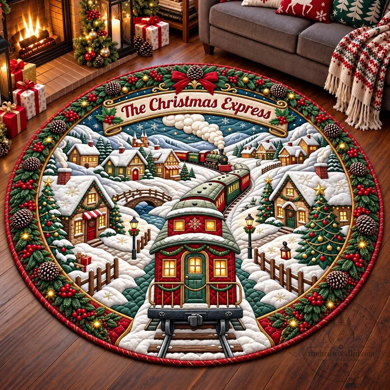 The Christmas Express Village Train Winter Holiday Round Rug