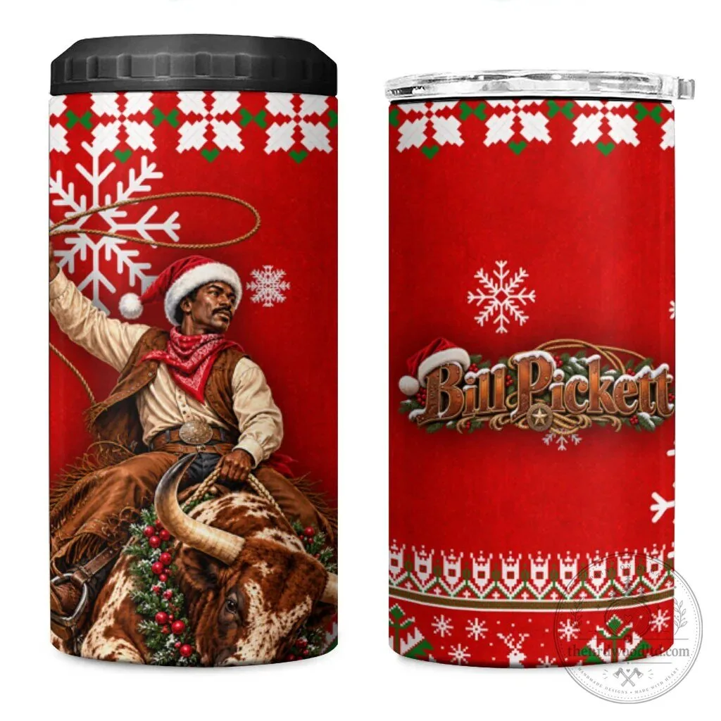 Bill Pickett Christmas Cowboy Rodeo Can Cooler Tumbler with Snowy Winter Art