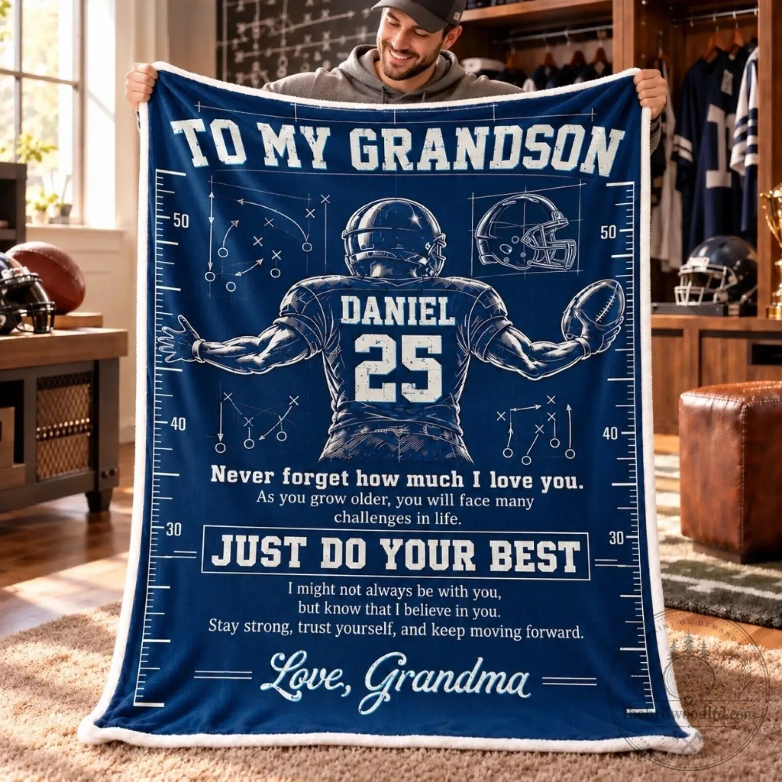Grandson Football Player Personalized Sherpa Blanket from Grandma