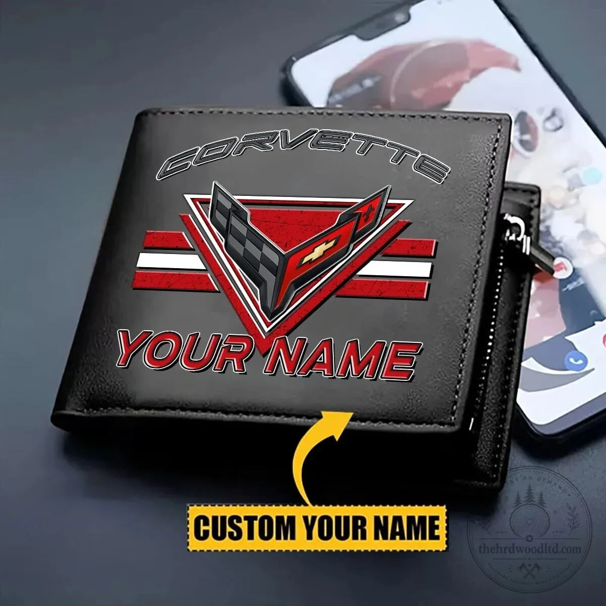 Corvette Custom Name Leather Wallet for Men, Personalized Car Enthusiast Gift
