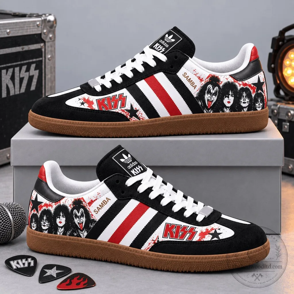 KISS Band Faces and Fiery Red Wordmark Adidas Samba OG Graphic Shoes KISS Band Faces and Fiery Red Wordmark Adidas Samba OG Graphic Shoes