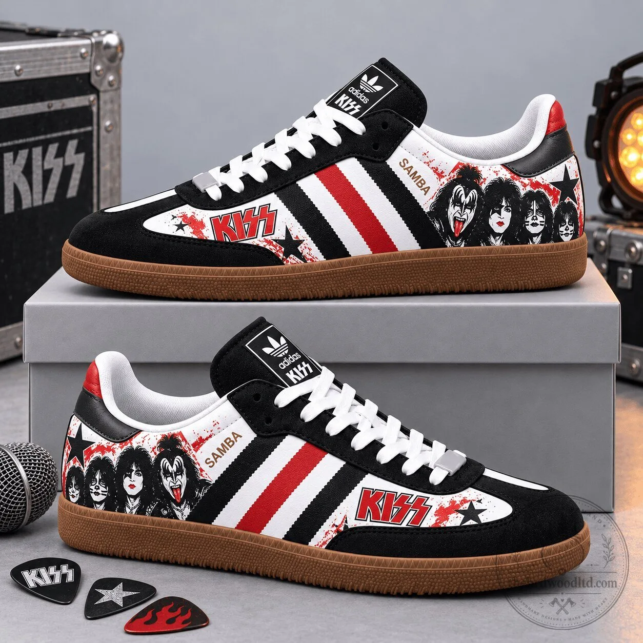 KISS Band Faces and Fiery Red Wordmark Adidas Samba OG Graphic Shoes 1 KISS Band Faces and Fiery Red Wordmark Adidas Samba OG Graphic Shoes