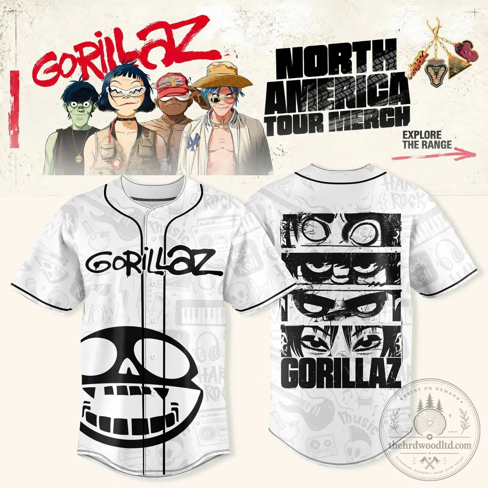 Gorillaz North America Tour Merch White Baseball Jersey