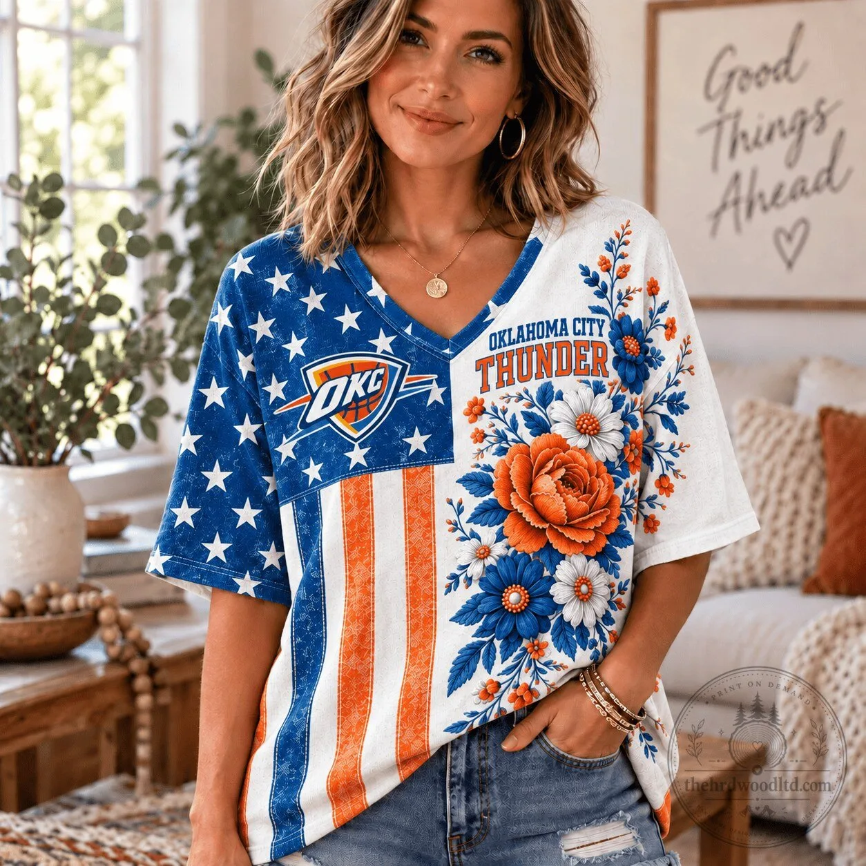 Oklahoma City Thunder NBA Fan Shirt Women's V-Neck Patriotic Floral T-Shirt