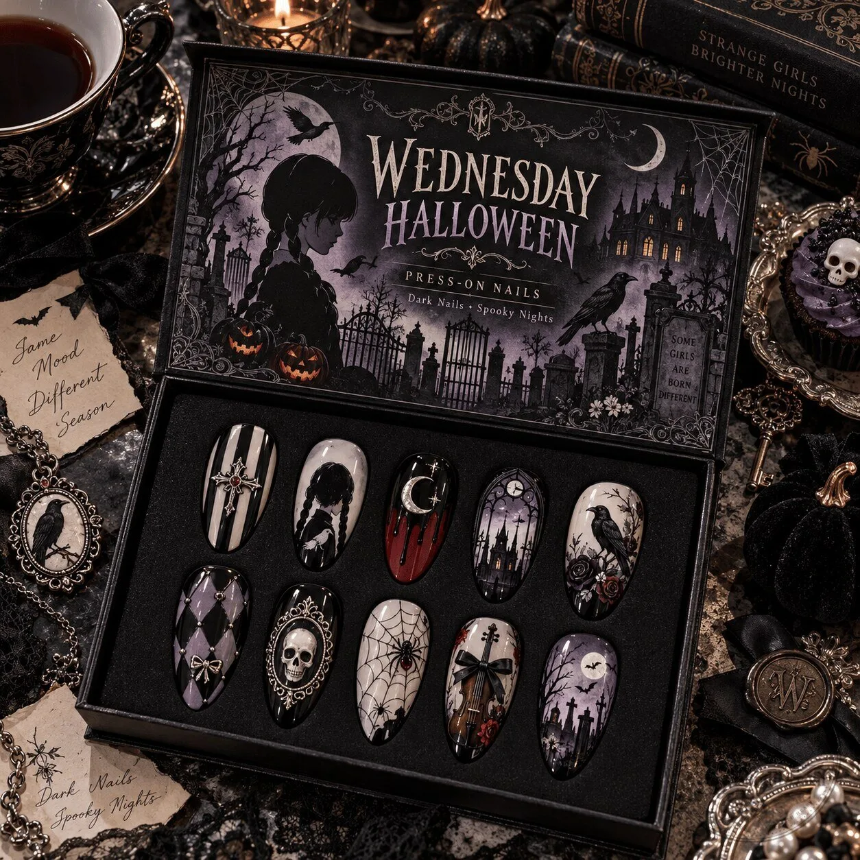 Wednesday Addams Halloween Gothic Portrait Press-On Nails Set