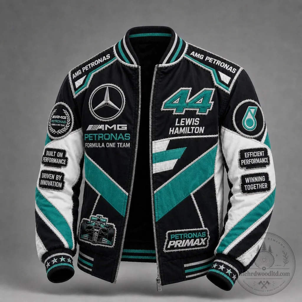 Mercedes AMG Petronas Formula One Team Lewis Hamilton Number 44 Racing Bomber Jacket Mercedes AMG Petronas Formula One Team Lewis Hamilton Number 44 Racing Bomber Jacket