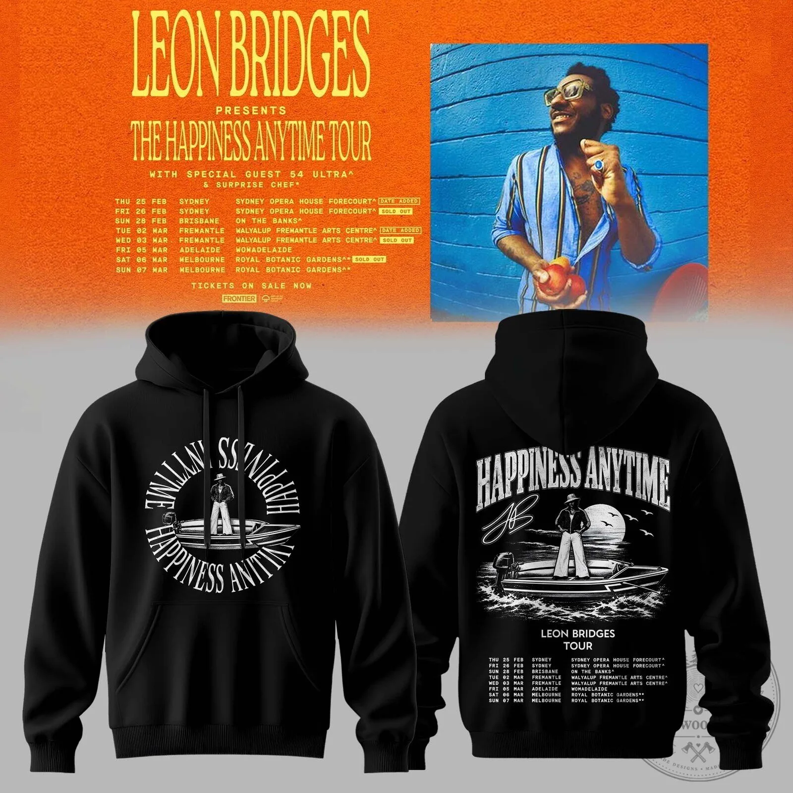 Hoodie in Black for Leon Bridges' 2027 Happiness Anytime Tour Concert Dates