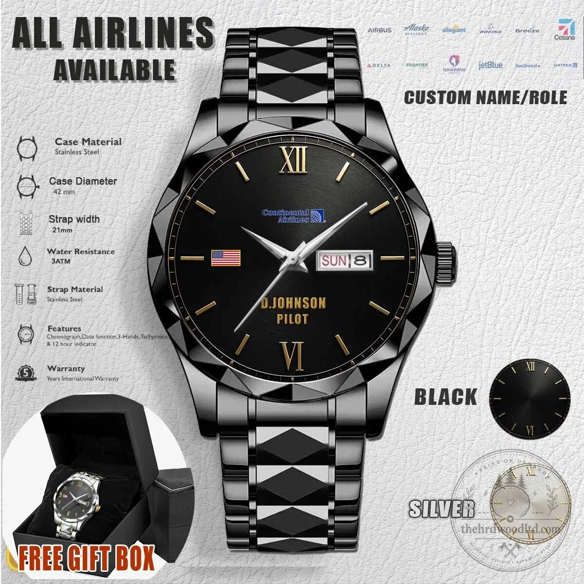 Continental Airlines Pilot Custom Name Stainless Steel Watch