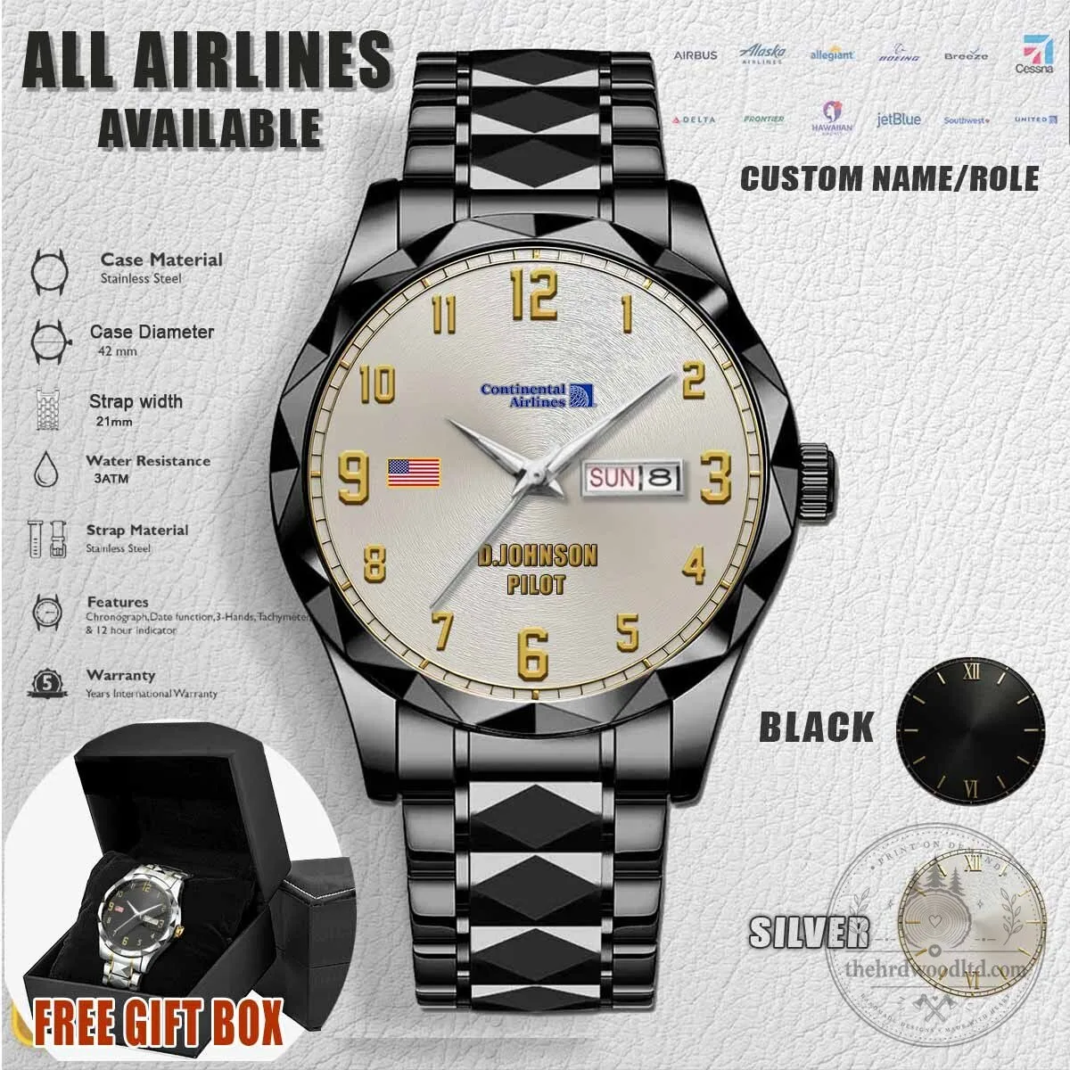 Continental Airlines Pilot Custom Name Stainless Steel Watch 4 Continental Airlines Pilot Custom Name Stainless Steel Watch