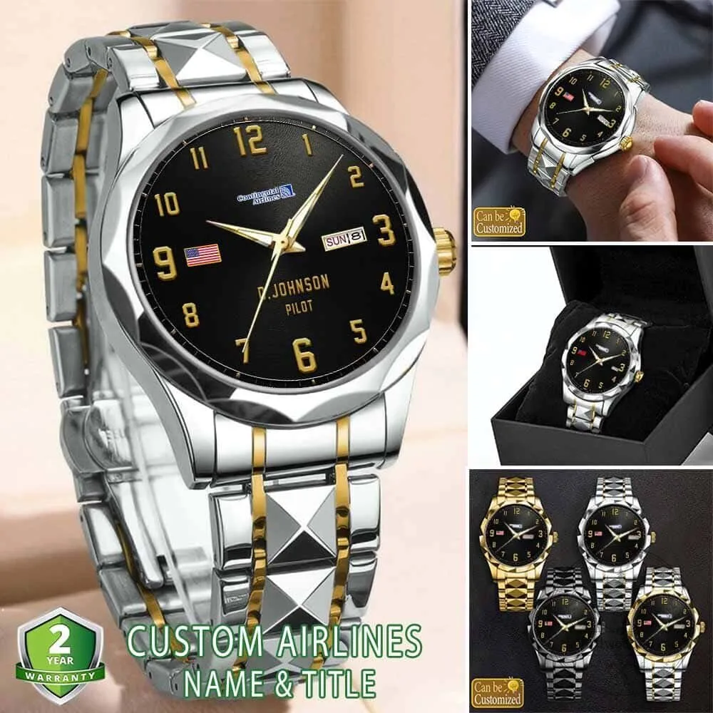 Continental Airlines Pilot Custom Name Stainless Steel Watch 5 Continental Airlines Pilot Custom Name Stainless Steel Watch