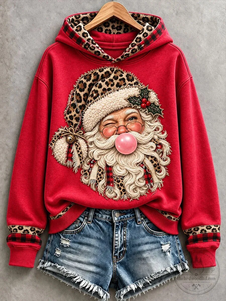 Funny Santa Claus Bubble Gum Leopard Print Christmas Hoodie