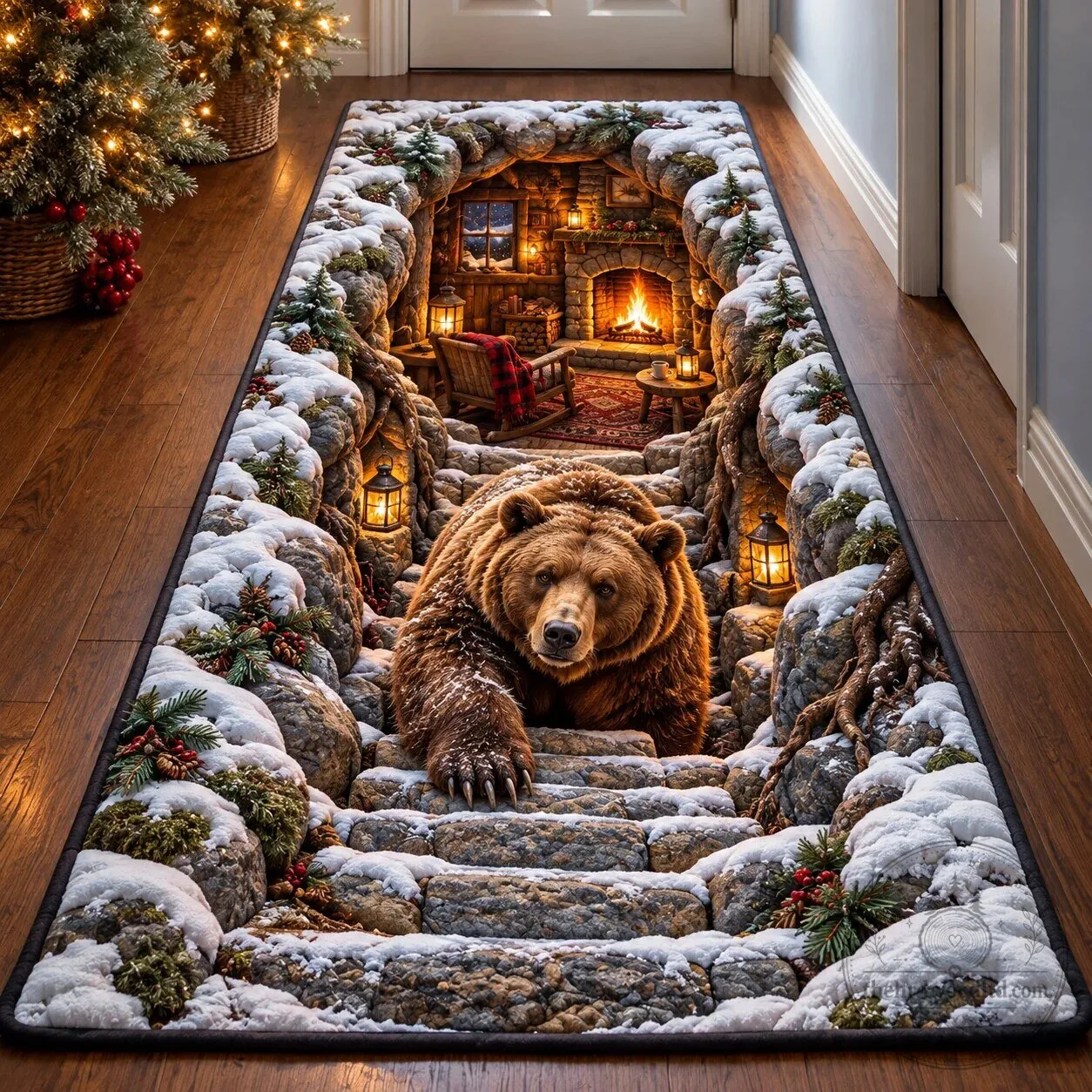 Winter Bear in Snowy Cave with Fireplace Scene Hallway Runner Rug