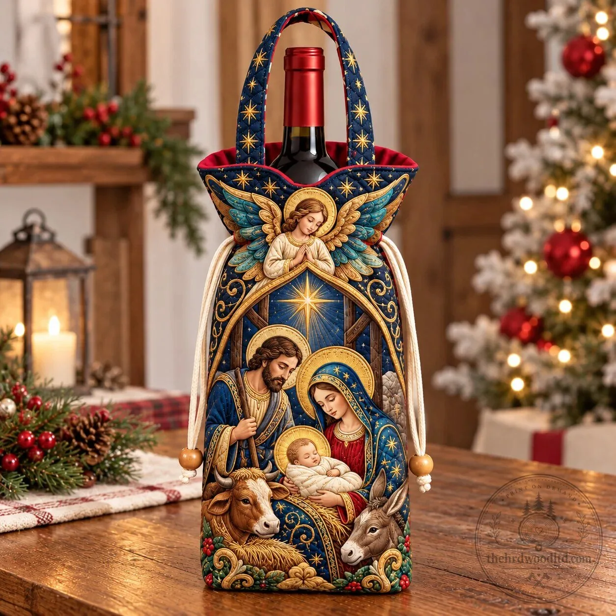 Christmas Nativity Scene Quilted Wine Bottle Carrier Bag