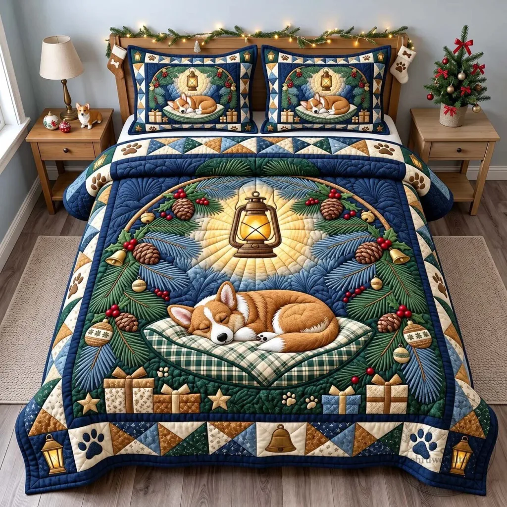 Christmas Corgi Dog Sleeping Lantern Quilted Bedding Set Christmas Corgi Dog Sleeping Lantern Quilted Bedding Set