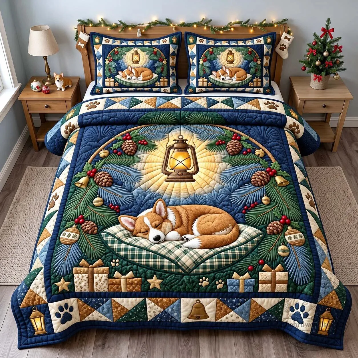 Christmas Corgi Dog Sleeping Lantern Quilted Bedding Set 5 Christmas Corgi Dog Sleeping Lantern Quilted Bedding Set