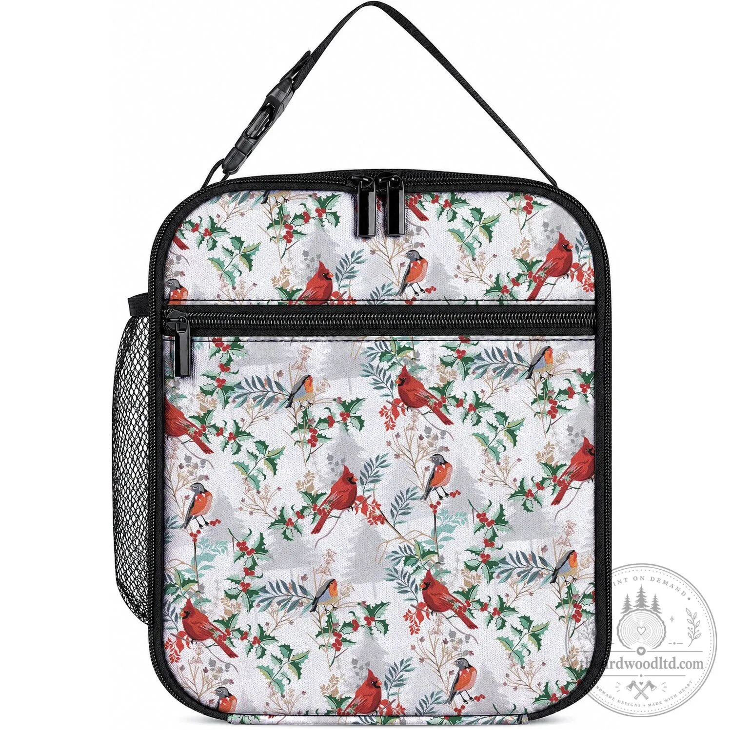 Christmas Cardinal Bird and Holly Berry Insulated Lunch Bag Cooler
