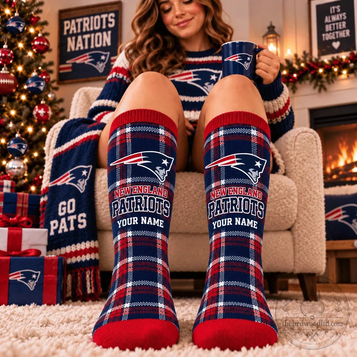 New England Patriots Personalized Plaid Pattern Custom Name Crew Socks