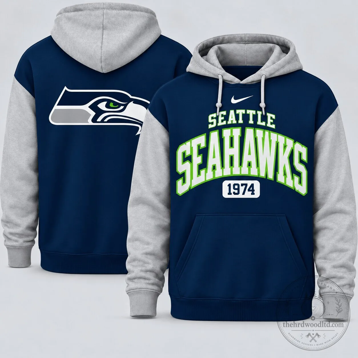 Seattle Seahawks Football Team Established 1974 Navy Blue and Gray Hoodie
