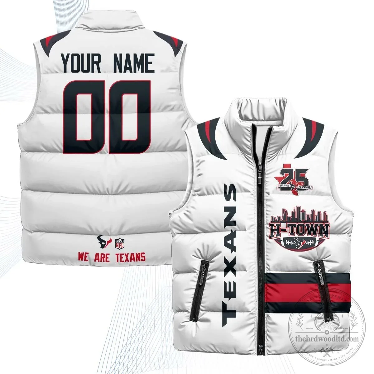 Houston Texans Custom White Puffer Vest with Personalized Name and Number