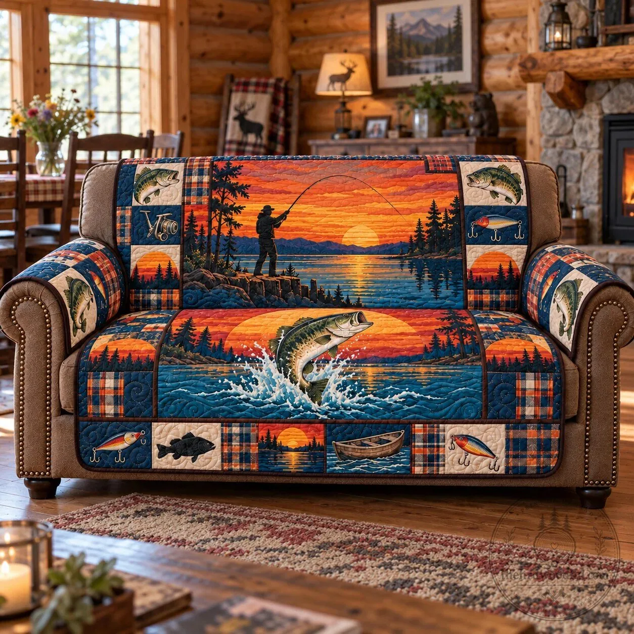 Sunset Angler Quilted Sofa Cover with Fishing Scene and Plaid Accents
