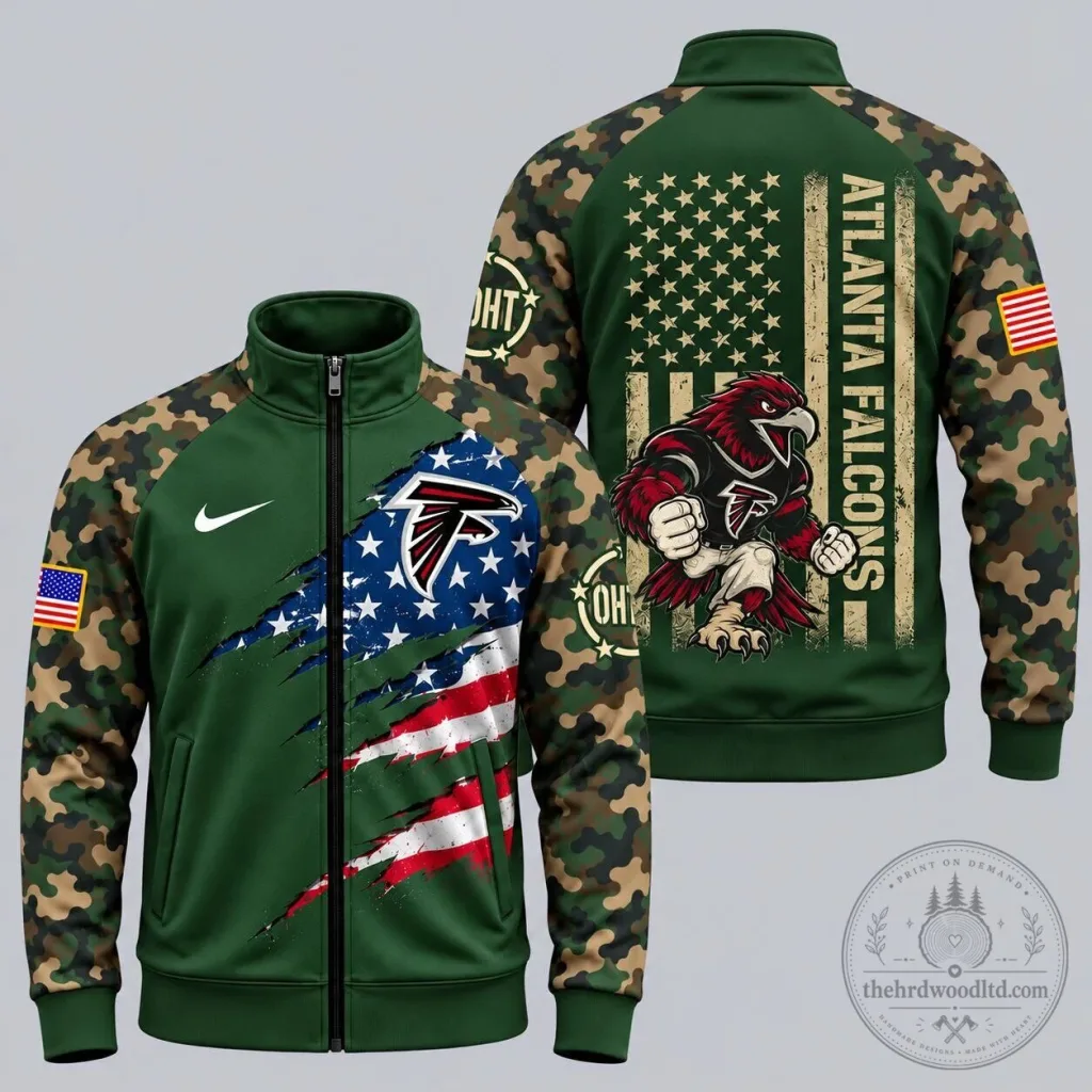 Atlanta Falcons American Flag Camouflage Military Green Full-Zip Jacket Atlanta Falcons American Flag Camouflage Military Green Full-Zip Jacket