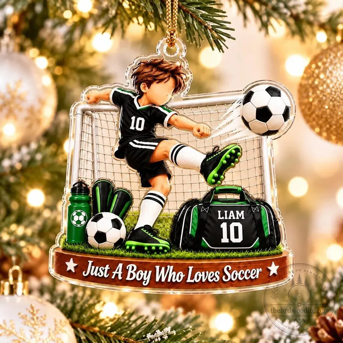 Personalized Soccer Boy Player Kicking Ball Christmas Tree Ornament Keepsake