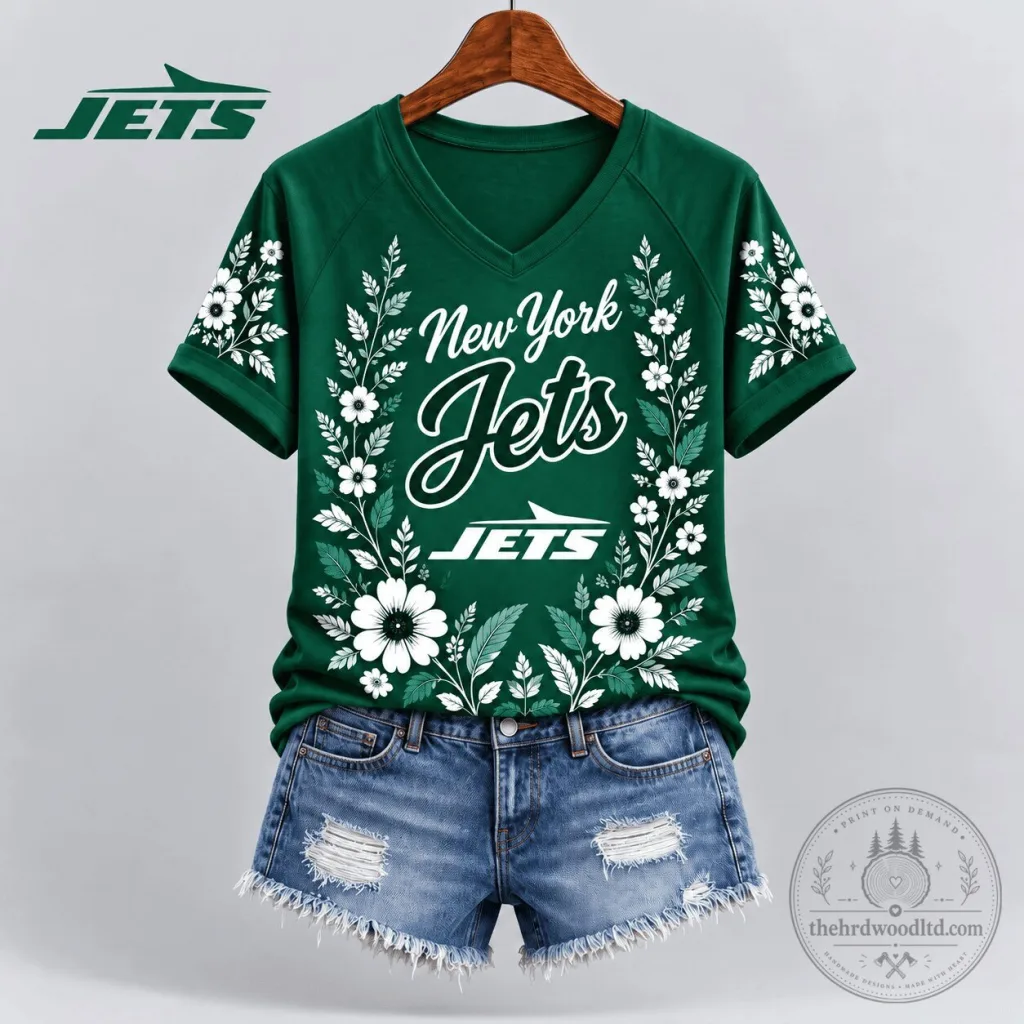 New York Jets Floral Spirit V-Neck Short Sleeve T-Shirt for Women New York Jets Floral Spirit V-Neck Short Sleeve T-Shirt for Women