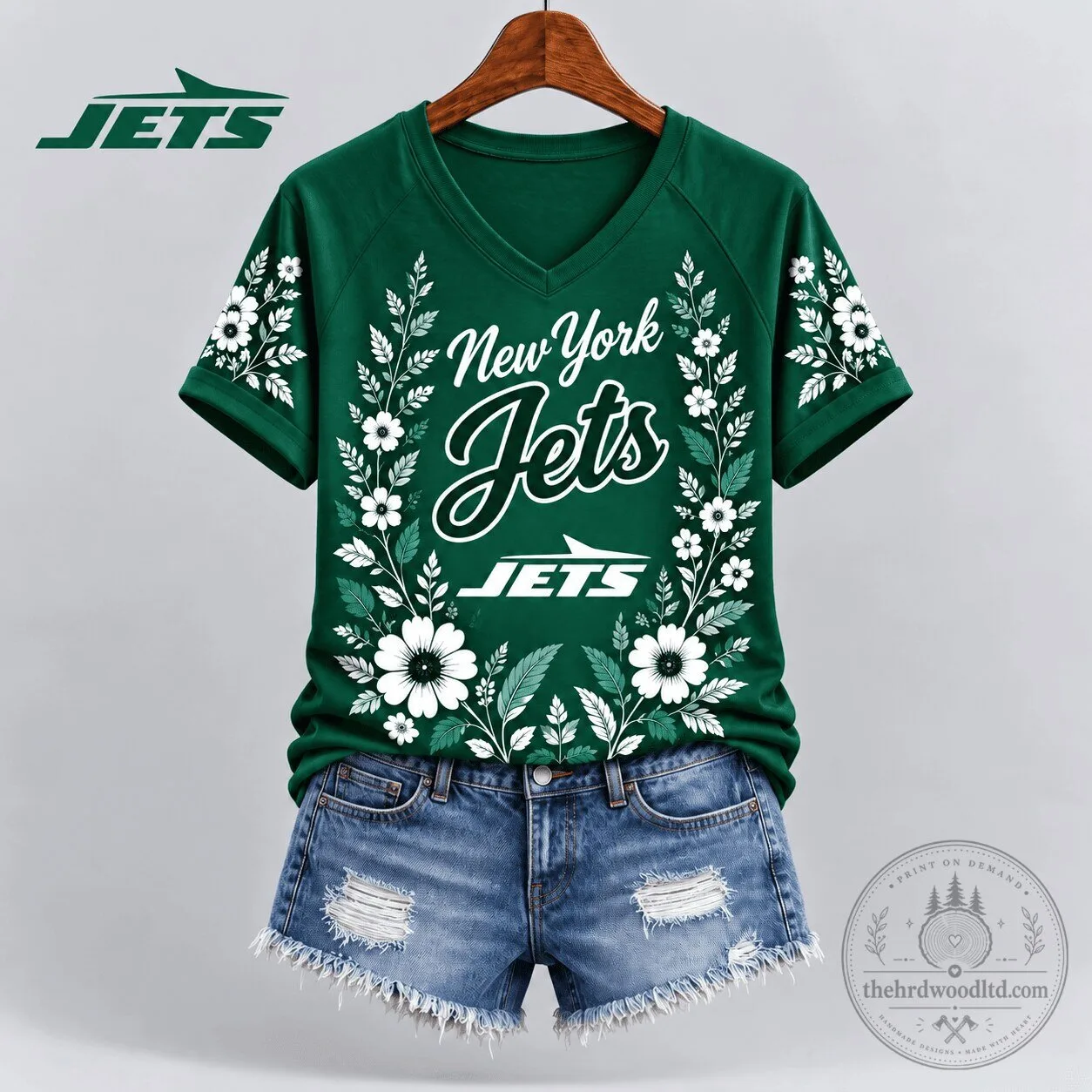 New York Jets Floral Spirit V-Neck Short Sleeve T-Shirt for Women