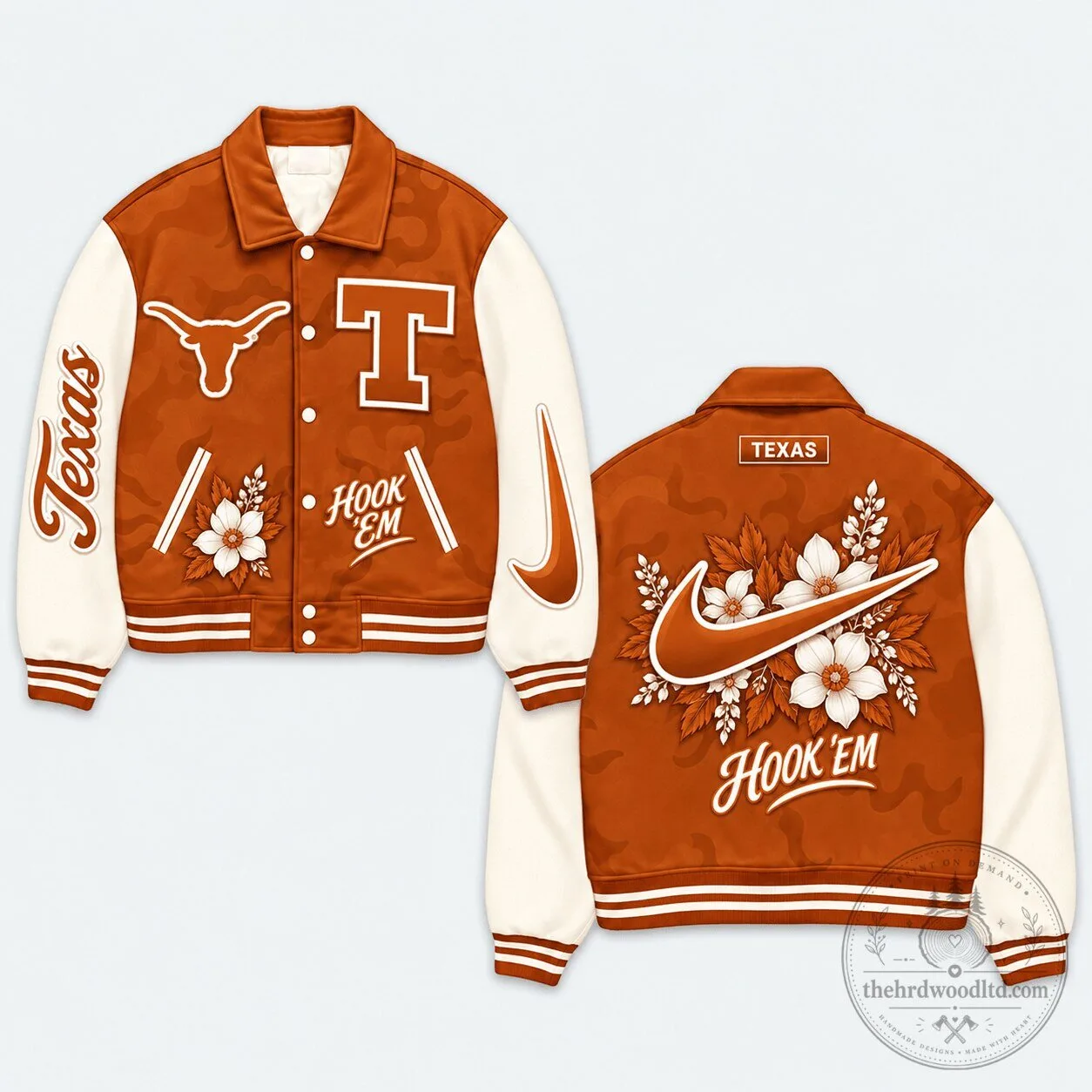 Texas Longhorns Hook 'Em Floral Design Varsity Jacket