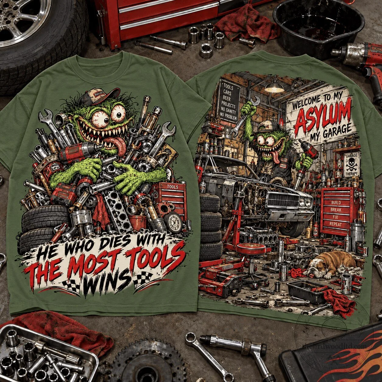 Rat Fink Garage Tool Asylum Mechanic Lovers Graphic T-Shirt