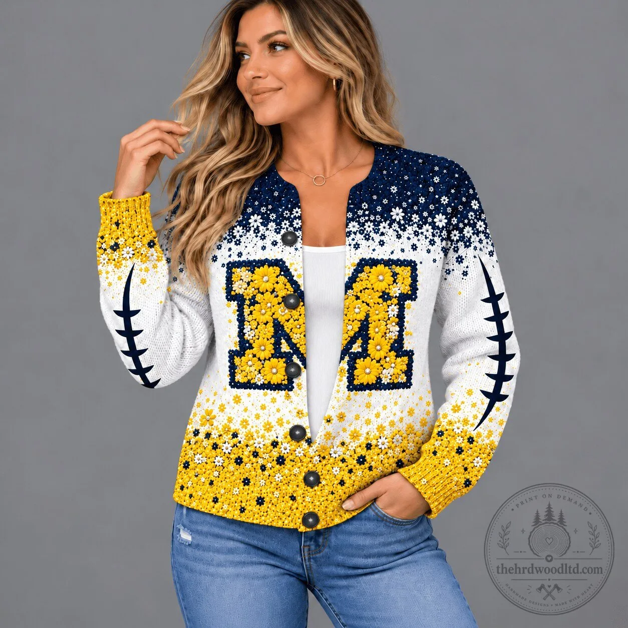 Michigan Wolverines Floral Heritage Button-Up Cardigan Sweater 1 Michigan Wolverines Floral Heritage Button-Up Cardigan Sweater
