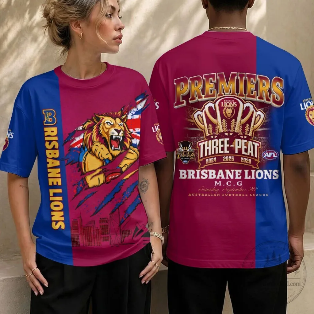 Three-Peat T-Shirt for Brisbane Lions AFL Premiers 1 Three-Peat T-Shirt for Brisbane Lions AFL Premiers