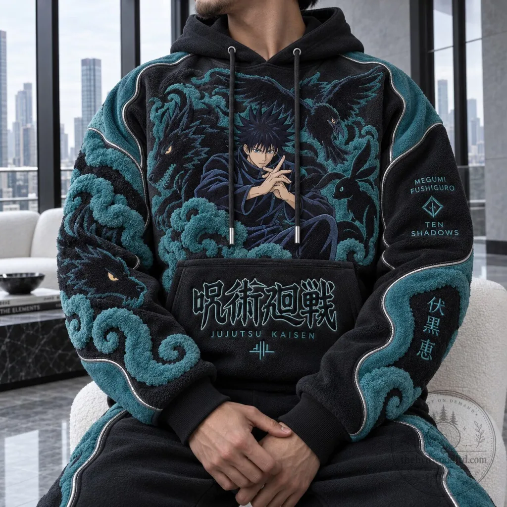 Jujutsu Kaisen Megumi Fushiguro Ten Shadows Anime Embroidered Hoodie Jujutsu Kaisen Megumi Fushiguro Ten Shadows Anime Embroidered Hoodie