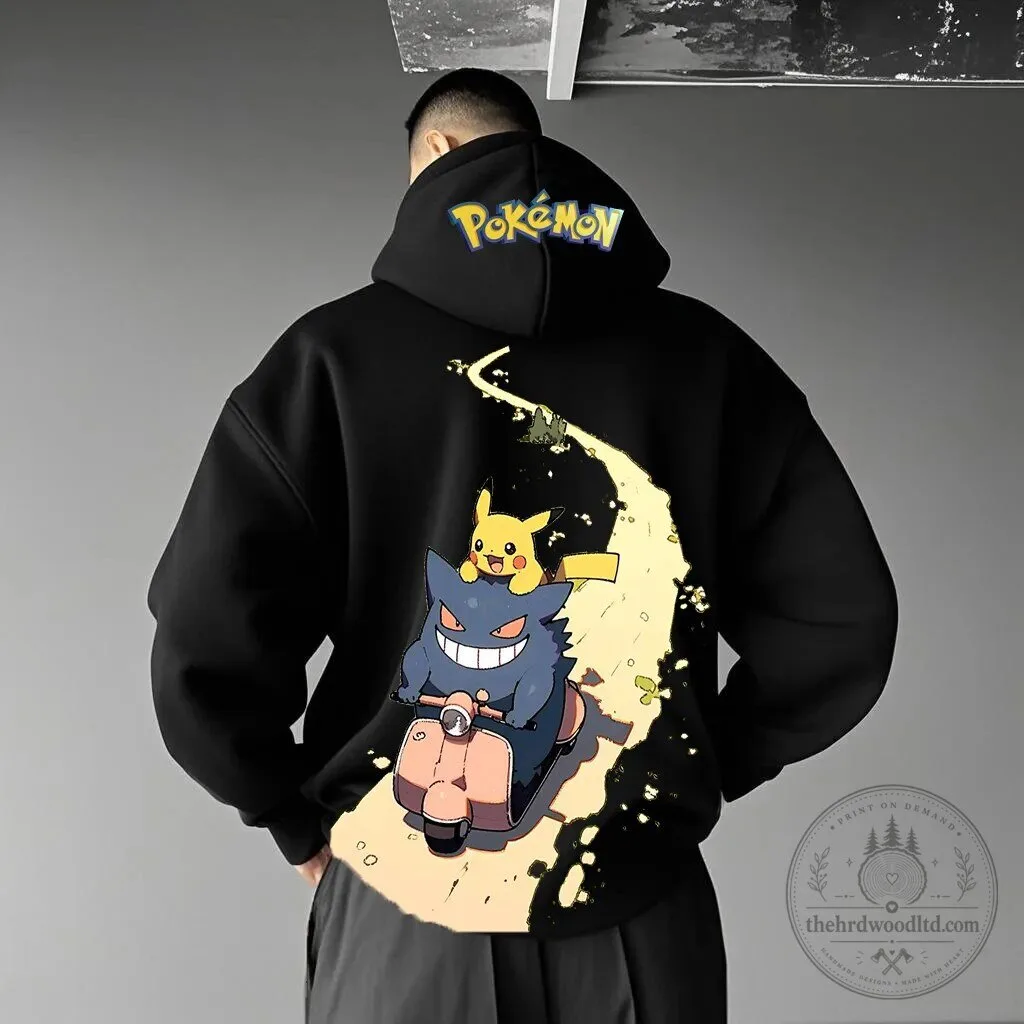 Pokemon Pikachu Gengar Scooter Ride Graphic Black Unisex Hoodie