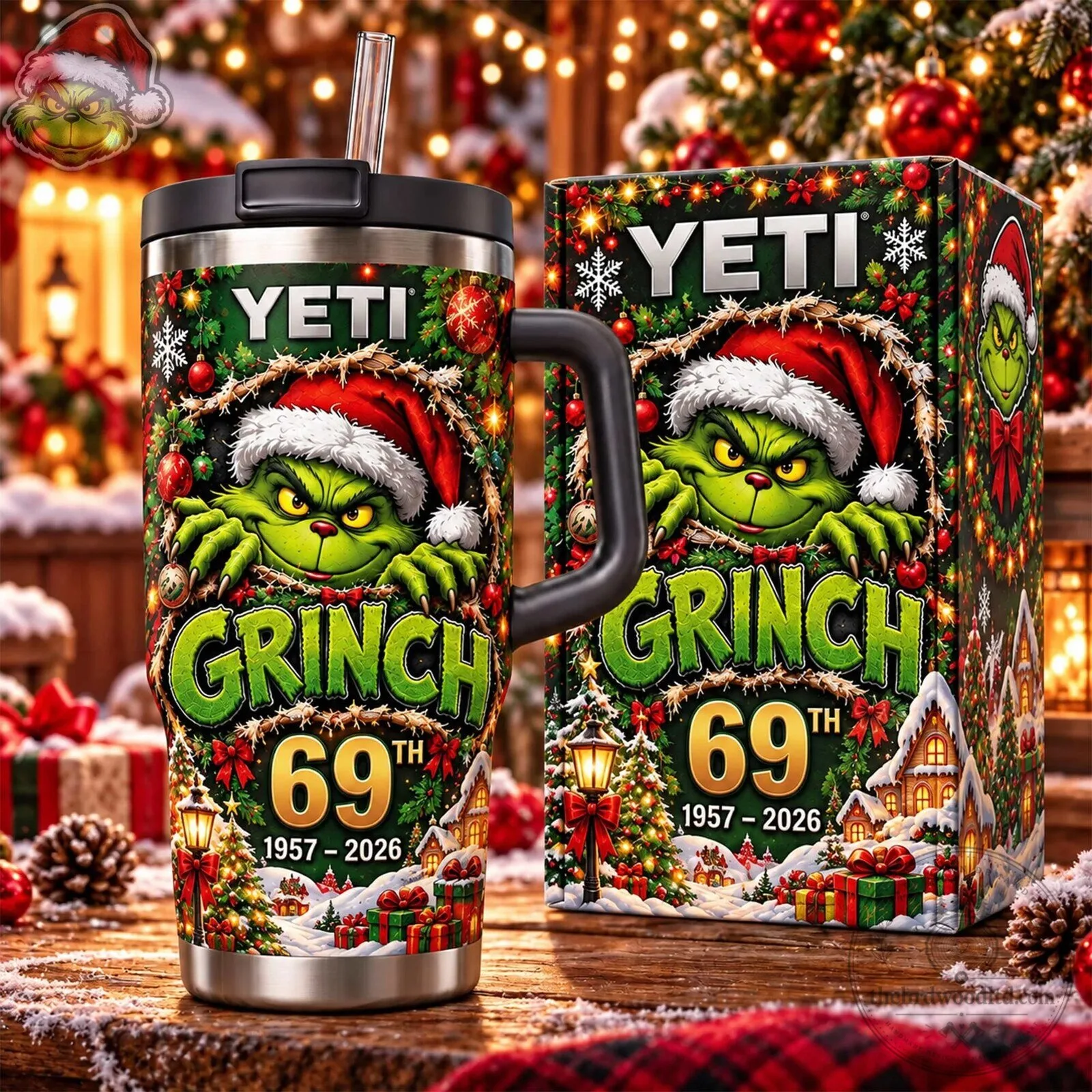 Grinch 69th Anniversary Christmas Holiday Stainless Steel Tumbler with Handle