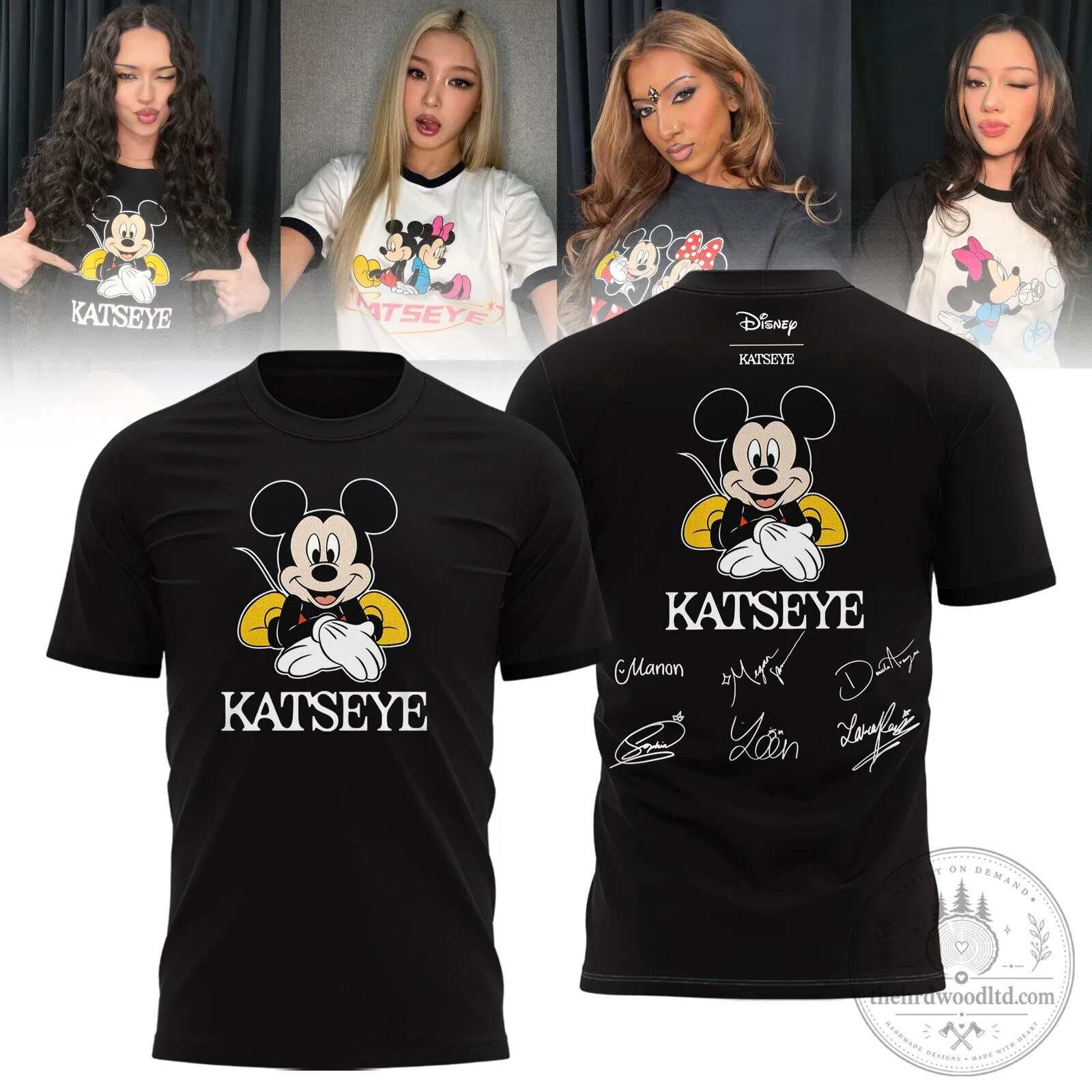 KATSEYE Disney Mickey Mouse Cartoon Character Signatures T-Shirt 1 KATSEYE Disney Mickey Mouse Cartoon Character Signatures T-Shirt