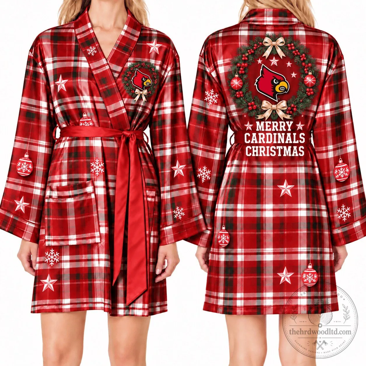 Louisville Cardinals Merry Christmas Plaid Holiday Satin Robe for Women