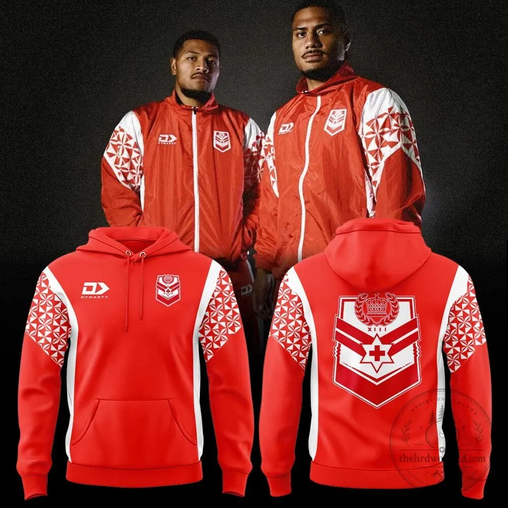 Tonga Rugby League Red and White Tracksuit Hoodie with Crest