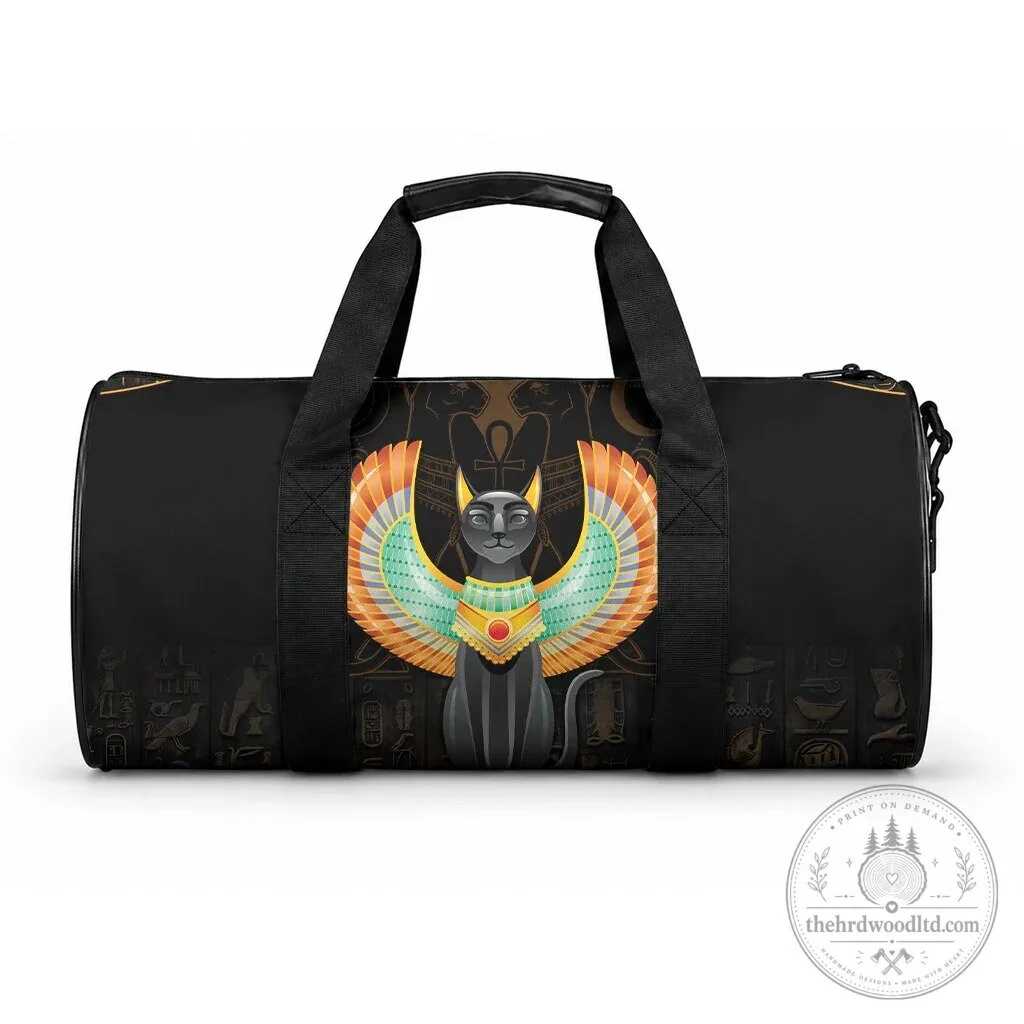 Ancient Egyptian Winged Cat Goddess Bastet Black Duffle Bag
